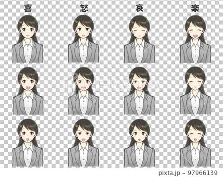 スーツを着た女性　喜怒哀楽の表情差分イラストセット 97966139