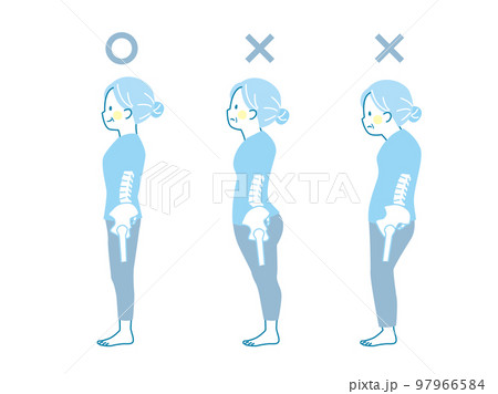 シニア女性の良い姿勢と悪い姿勢の見本_骨盤 97966584