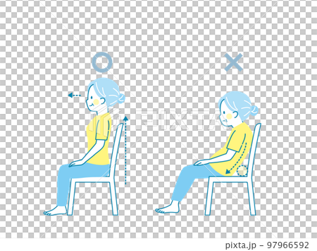 Comparison of good and bad postures of senior women sitting on chairs 97966592