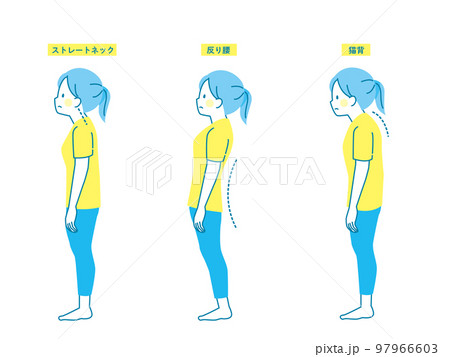 女性の良い姿勢と悪い姿勢の見本 97966603