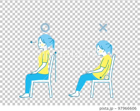 Comparison of good and bad posture of a woman sitting on a chair 97966606