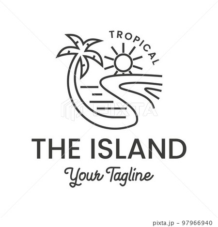 Summer palm tree logo line art simple vector illustration icon graphic design template. tropical beach ocean waves, island or beach symbol for travel or outdoor business adventure with badges and 97966940
