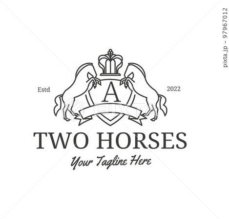 Logo Shield of king crown and two horses vintage retro style, badge, design elements, logotype template. luxury design concept, royal vector illustration 97967012