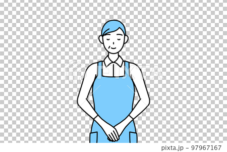 手を組んでお辞儀するエプロンを着たシニア女性 97967167
