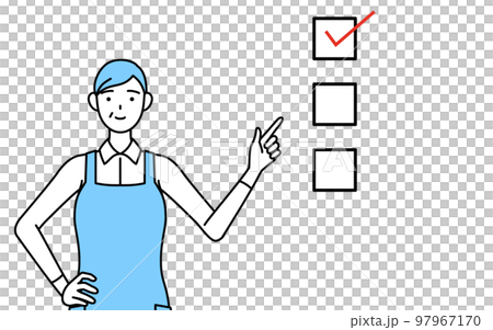 Senior woman wearing an apron pointing to a checklist 97967170