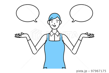 ふきだしつき、比較をするエプロンを着たシニア女性 97967175