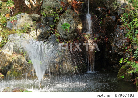 神社の池と噴水と滝のある庭 神社の池と噴水と滝のある庭 97967493