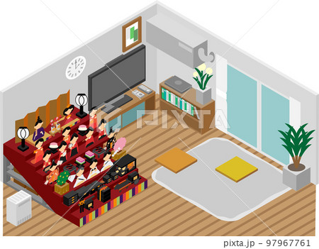 アイソメトリックなリビングルームに飾られたひな人形のイラスト アイソメトリックなリビングルームに飾られたひな人形のイラスト 97967761