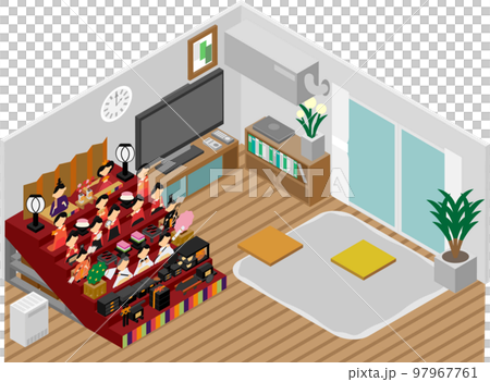 アイソメトリックなリビングルームに飾られたひな人形のイラスト アイソメトリックなリビングルームに飾られたひな人形のイラスト 97967761