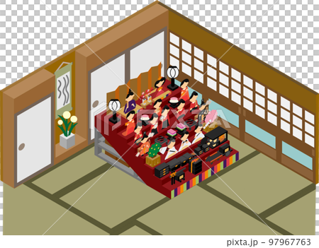 Illustration of Hina dolls displayed in an isometric Japanese-style room Illustration of Hina dolls displayed in an isometric Japanese-style room 97967763