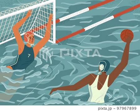 Water polo female players in action concept vector illustration. Women's swimming and water sports. Water polo team play game in tournament. Athlete attack goalkeeper with a ball 97967899