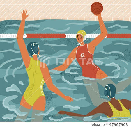 Water polo female players in action concept vector illustration. Women's swimming and water sports. Water polo team play game in tournament. Athlete attack goalkeeper with a ball 97967908
