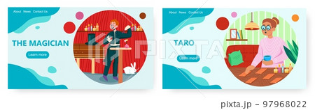 Magic landing page design, website banner vector template set. Fortune teller with tarot cards, magician show, tricks. 97968022