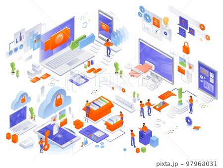 Network management, vector isometric icon set. Cloud storage, data synchronization, technical support services. 97968031