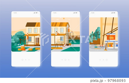 Home repair services. House, roof renovation. Mobile app screens, vector website banner template. UI, web site design. 97968093