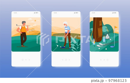 Senior man practicing outdoor golf sport game. Mobile app screens, vector website banner template. UI, web site design. Senior man practicing outdoor golf sport game. Mobile app screens, vector website banner template. UI, web site design. 97968123