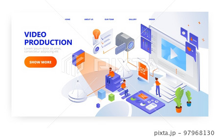 Video production landing page design, website banner vector template. People making content in studio for social media. 97968130