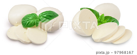 Mozzarella cheese sliced with basil leaf isolated on white background with full depth of field Mozzarella cheese sliced with basil leaf isolated on white background with full depth of field 97968167