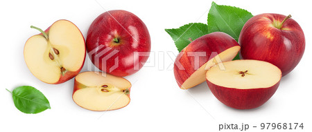 Red apple with half isolated on white background with full depth of field. Top view. Flat lay. Red apple with half isolated on white background with full depth of field. Top view. Flat lay. 97968174