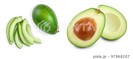 avocado and slices isolated on white background. Top view. Flat lay 97968207