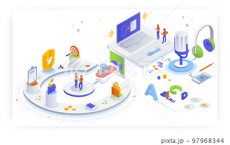 Legal transcription services. Audio transcription. Automatic speech recognition, vector isometric illustration. Legal transcription services. Audio transcription. Automatic speech recognition, vector isometric illustration. 97968344