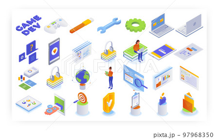 Isometric mobile and computer gaming icon set, vector isolated illustration. Video game development concept. 97968350