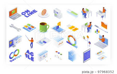 Isometric Devops icon set, vector isolated illustration. Agile software development online courses, training concept. 97968352