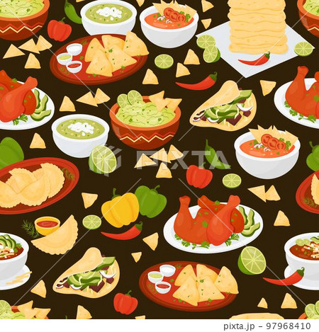 Seamless pattern with Mexican traditional food on black background. Vector illustration. Endless background with national latin american cuisine for culinary design, wallpaper, packaging and decor. Seamless pattern with Mexican traditional food on black background. Vector illustration. Endless background with national latin american cuisine for culinary design, wallpaper, packaging and decor. 97968410