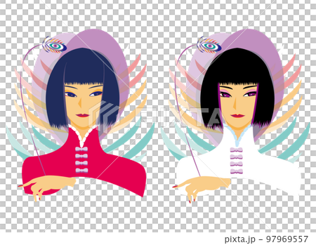 穿著不同顏色的中國服飾的女人的上半身 穿著不同顏色的中國服飾的女人的上半身 97969557