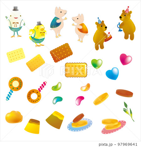 たまごとひよこと子ぶたとクマと数種類のスイーツを立体的に表現したイラスト 97969641