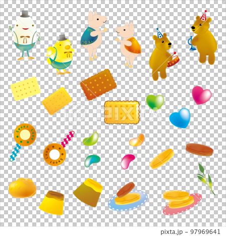 たまごとひよこと子ぶたとクマと数種類のスイーツを立体的に表現したイラスト 97969641