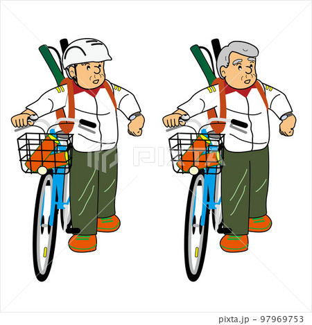 ヘルメットをかぶって自転車の傍に立つテニス帰りのシニアとかぶっていないシニア ヘルメットをかぶって自転車の傍に立つテニス帰りのシニアとかぶっていないシニア 97969753