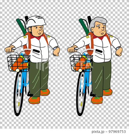 ヘルメットをかぶって自転車の傍に立つテニス帰りのシニアとかぶっていないシニア ヘルメットをかぶって自転車の傍に立つテニス帰りのシニアとかぶっていないシニア 97969753