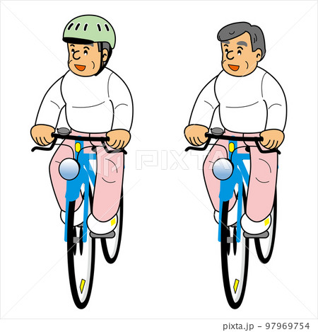 ヘルメットをかぶり自転車に乗るシニアとかぶっていないシニア 97969754
