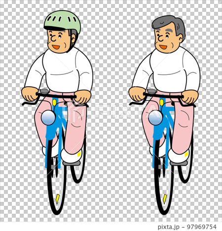 ヘルメットをかぶり自転車に乗るシニアとかぶっていないシニア 97969754