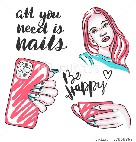 Portrait of a girl and long beautiful nails, a set with inscriptions and manicure 97969865