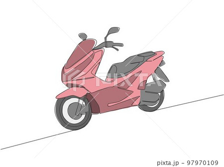 Single continuous line drawing of trendy luxury Asian underbone motorbike logo. Automatic scooter motorcycle concept. One line draw design vector illustration Single continuous line drawing of trendy luxury Asian underbone motorbike logo. Automatic scooter motorcycle concept. One line draw design vector illustration 97970109