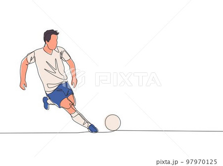 One single line drawing of young energetic football player dribbling the ball and ready to shot to the goal. Soccer match sports concept. Continuous line draw design vector illustration 97970125