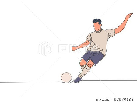 One continuous line drawing of young talented football player take a free kick. Soccer match sports concept. Single line draw design vector illustration 97970138