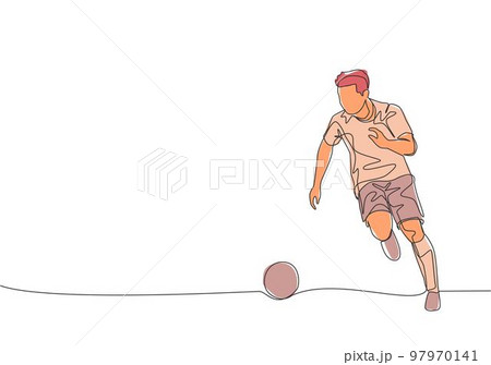 One continuous line drawing of young energetic football player dribbling the ball to the opponent area. Soccer match sports concept. Single line draw design vector illustration 97970141