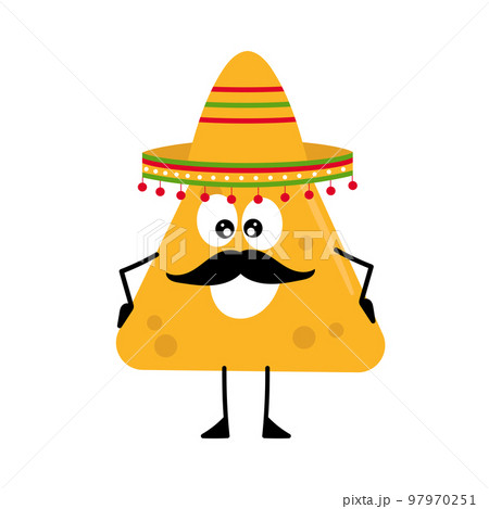 Nachos in sombretro. Cheerful character with smile and mustache. Nachos in sombretro. Cheerful character with smile and mustache. 97970251