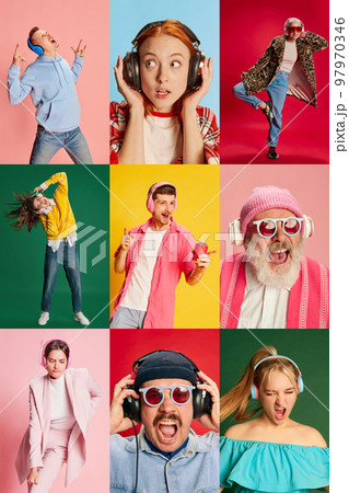 Collage. Emotional people, men and women of different age enjoying music in headphones over multicolor background 97970346