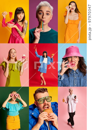 Collage. Portraits of young stylish people, man and women eating, drinking, posing over multicolored background 97970347
