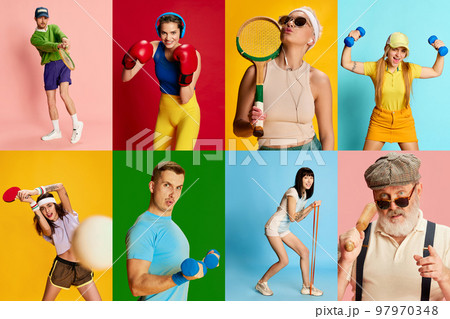 Collage. Portraits of different stylish people, men and women of different age doing various sports, training over multicolored background 97970348