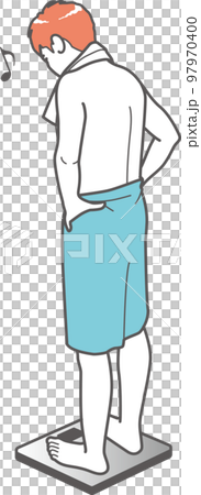 A man checking his weight in a sauna facility 97970400