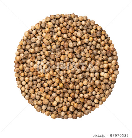 Coriander seeds, circle, close-up, isolated, from above. Disk made of whole dried fruits of Coriandrum sativum also known as Chinese parsley, dhania and cilantro, used as aromatic and flavorful spice. 97970585