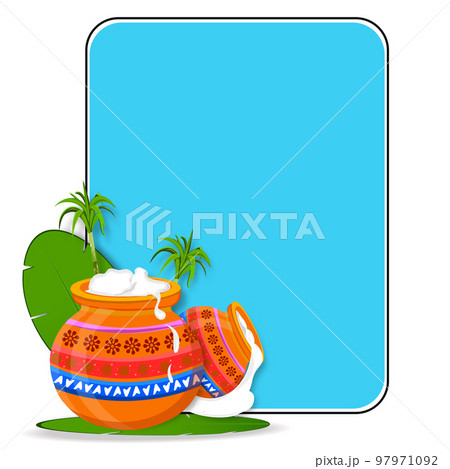 South Indian Happy Pongal Harvest Festival Banner Design. Illustration of beautiful Pongal pot and sugar cane on banana leaf. 97971092