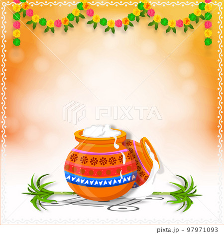 South Indian happy Pongal harvest celebration festival greeting background. Colorful flower garland and Pongal pot with sugarcane on beautiful bokeh effect background. 97971093