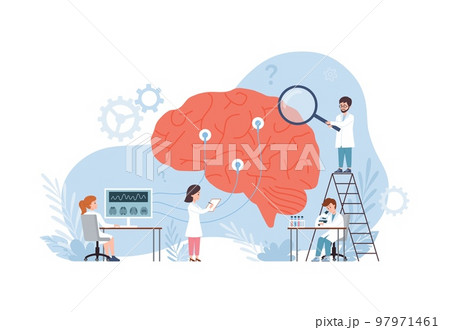 Study of brain with scientists creating an encephalogram, vector isolated. 97971461
