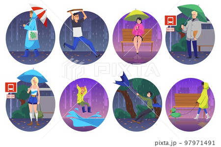 Rainy weather characters in circle frames cartoon vector illustration isolated. 97971491